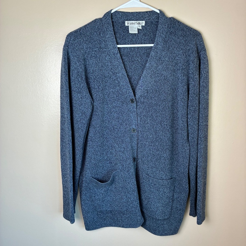 WinterSilks Silk Cotton Cardigan Sweater Women Medium Blue Knit Button Up V-Neck